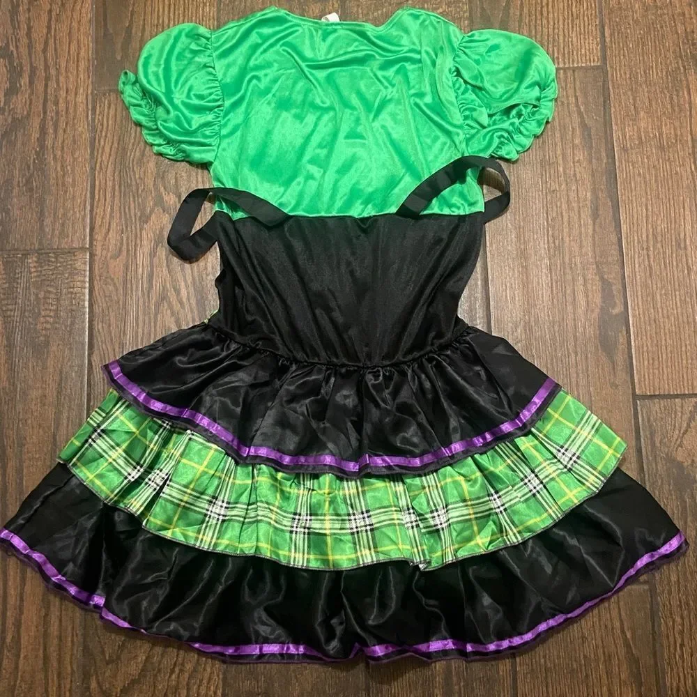 Vibrant Green and Black Kids Costume Dress with Purple Accents Size M7-8 Junior